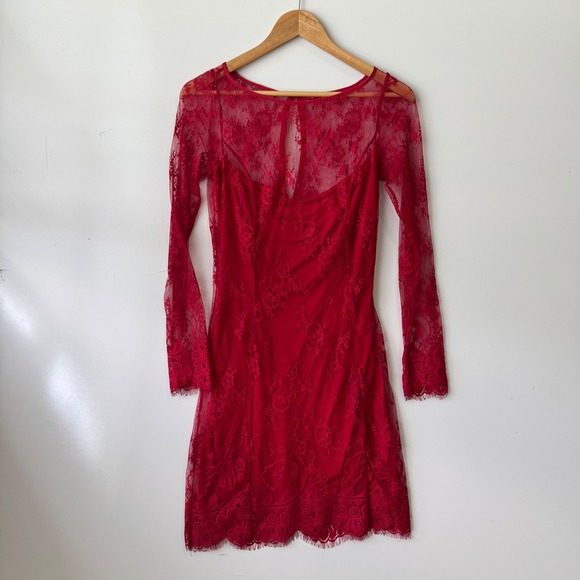 MNG Collection Lace Mini Dress Long Sleeve Button Back‎ Red Size 6 - Picture 2 of 7